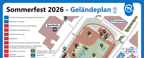 Geländeplan des TVC Sommerfests 2026 mit Ständen, Mitmachaktionen, Aktionsfläche, Haupteingang, Biergarten und wichtigen Orientierungspunkten.
