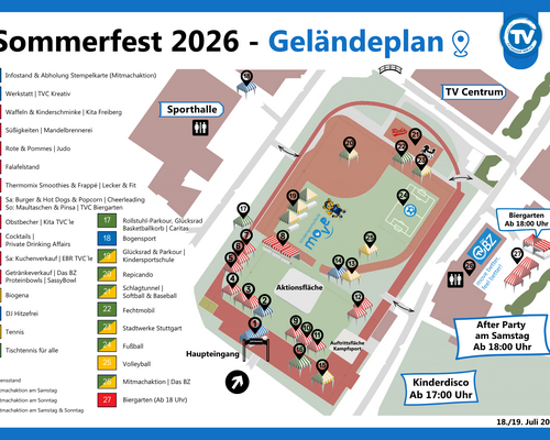 Geländeplan des TVC Sommerfests 2026 mit Ständen, Mitmachaktionen, Aktionsfläche, Haupteingang, Biergarten und wichtigen Orientierungspunkten.