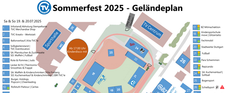 Alle Highlights des TVC Sommerfests 2025 auf einen Blick: Der Geländeplan zeigt Stationen, Aktionen und Verpflegung. Änderungen vorbehalten.