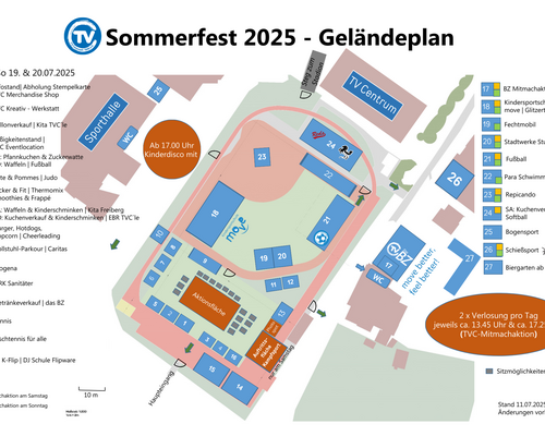 Alle Highlights des TVC Sommerfests 2025 auf einen Blick: Der Geländeplan zeigt Stationen, Aktionen und Verpflegung. Änderungen vorbehalten.