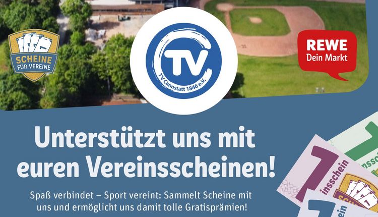 Grafik zur Aktion REWE Scheine für Vereine 2026 mit Hinweis, dass der TV Cannstatt wieder teilnimmt.